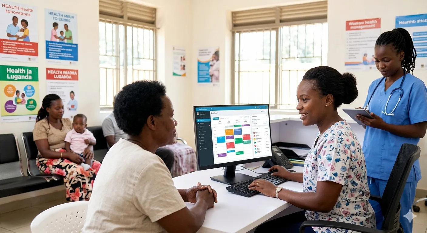 A receptionist registering a patient while a nurse takes notes at a Ugandan clinic front desk
